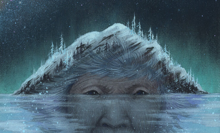 An island forms the top of an older person's face reflected in the water.