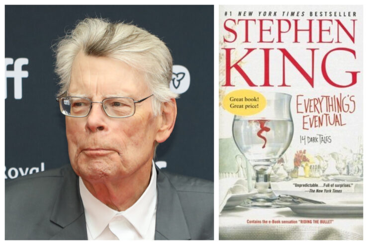 Stephen King at TIFF 2024 and cover of his collection, Everything's Eventual.