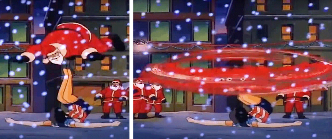 American Maid defends The City from Multiple Santa in an action sequence that is clear and well-lit.