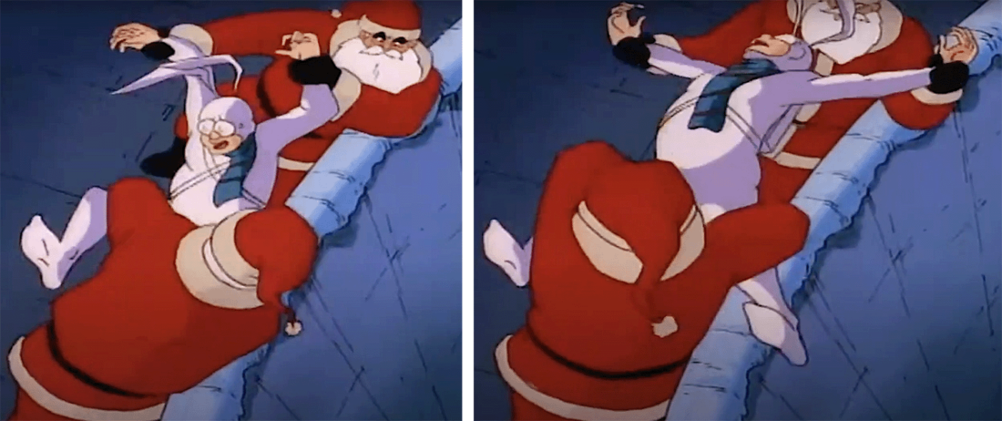 A pair of Multiple Santa Clones menace Arthur on The Tick.