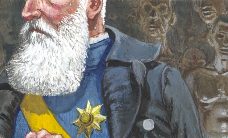 An illustration of Leopold II of Belgium at a podium while ghostly figures stand behind him.