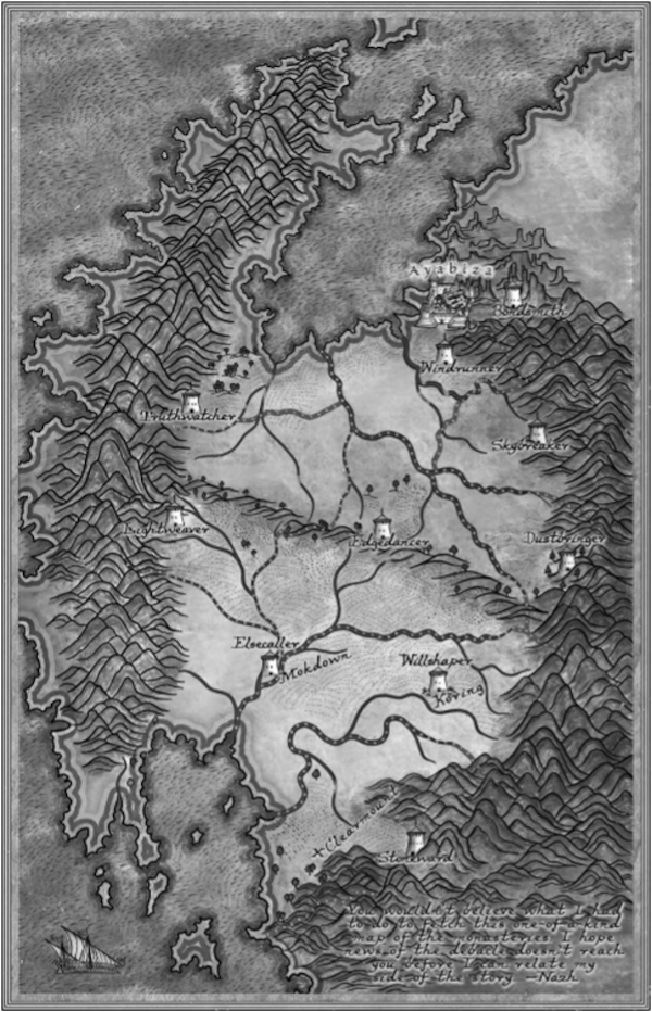 Map of Shin Monasteries artwork from Wind and Truth. Text, presented as hand-written annotations: "You wouldn't believe what I had to do to fetch this one-of-a-kind map of the monasteries. I hope news of the debacle doesn't reach you before I can relate my side of the story. —Nash"