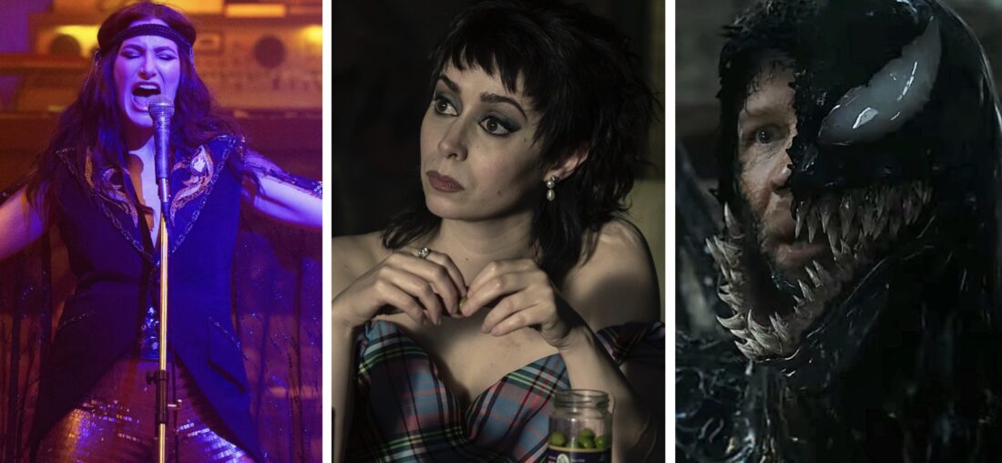 A triptych of Agatha Harkness (Kathryn Hahn), Sofia Gigante (Cristin Milioti), and Eddie Brock/Venom (Tom Hardy/Venom).