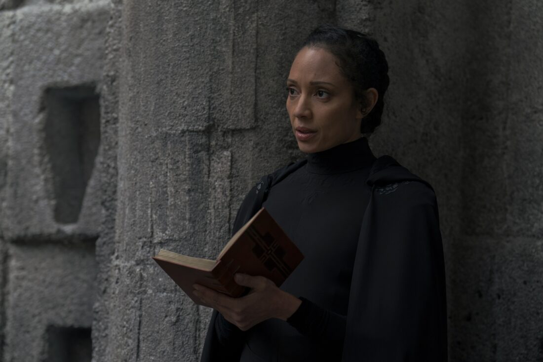 Camilla Beeput as Dorotea, reading from her holy book in Dune: Prophecy episode 3, "Sisterhood Above All"