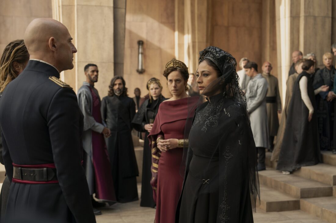 Emperor Javicco looking lovingly on his former mistress Sister Francesca while the Empress looks on in anger in Dune: Prophecy's "In Blood, Truth"