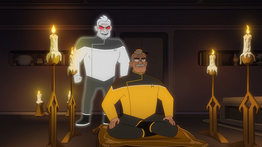 Shaxs and his astral self in a scene from Star Trek: Lower Decks: “Upper Decks”