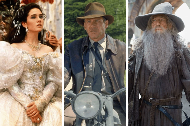 Close-ups of actors in three movies: Jennifer Connelly in Labyrinth; Harrison Ford in Indiana Jones and the Last Crusade; Ian McKellen in THe Lord of the Rings