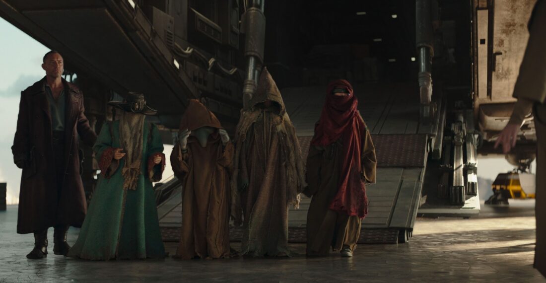 (L-R) Jod (Jude Law), Wim (Ravi Cabot-Conyers), Neel (Robert Timotyh Smith), Fern (Ryan Kiera Armstrong) and KB (Kyriana Kratter) arrived on Lanupa, with the kids dressed in ridiculous "elder" disguises in Skeleton Crew's "You Have a Lot to Learn About Pirates"