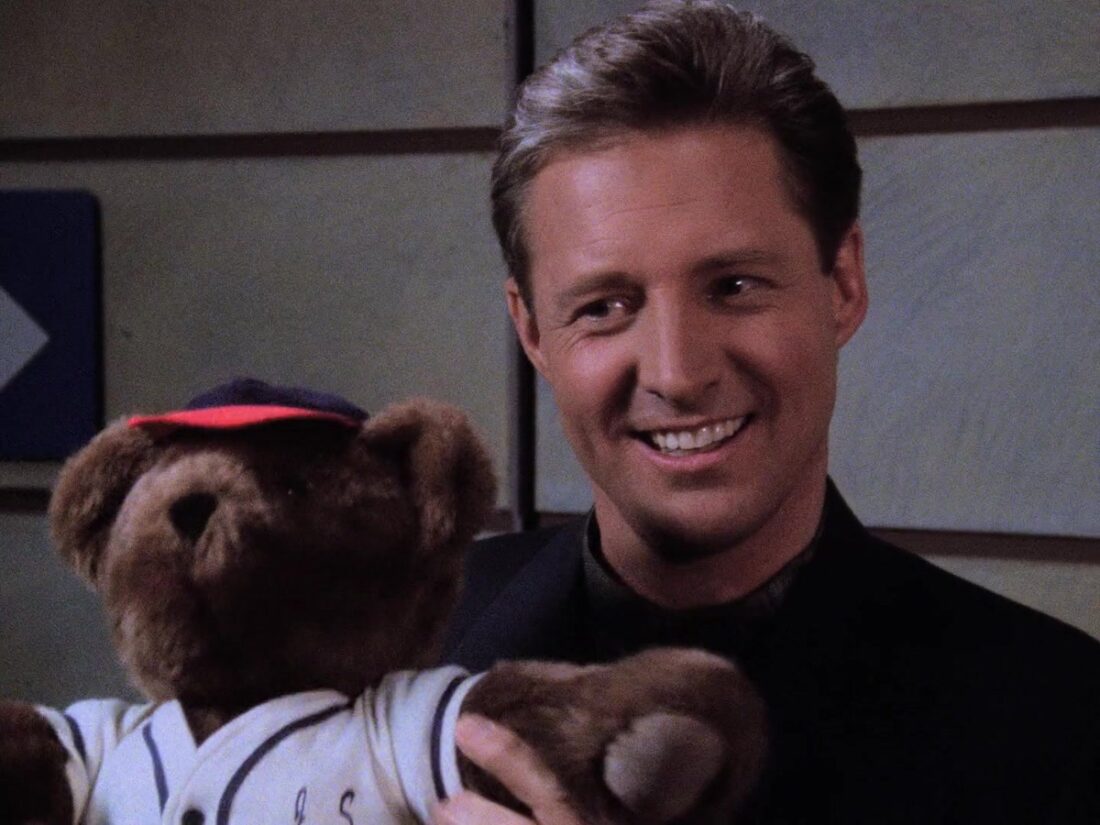 Sheridan holds a teddy bear in Babylon 5 "There All the Honor Lies"