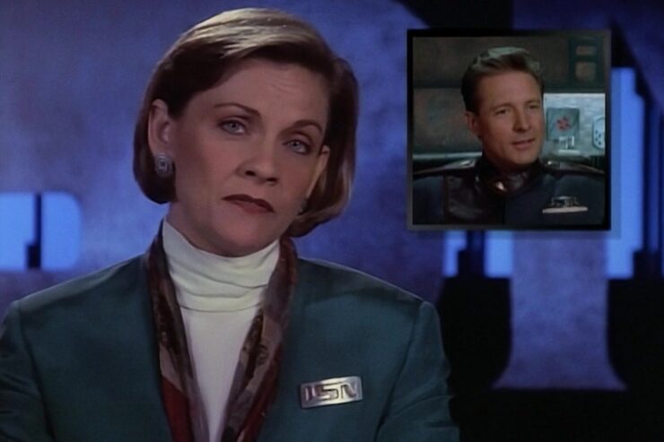 Cynthia Torqueman (guest star Kim Zimmer) and an inset of Commander Sheridan in a scene from Babylon 5 "And Now for a Word"