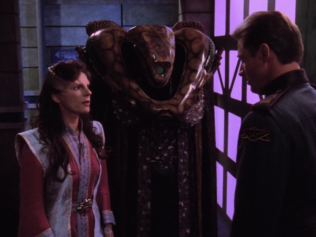 Delenn and Vosh confront Sheridan in a scene from Babylon 5 "In the Shadow of Z’ha’dum"