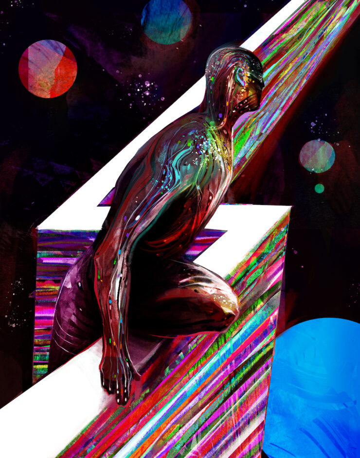 An abstract illustration of a humanoid figure leaning out over a low wall, looking toward a sky full of planets, moons, and stars.