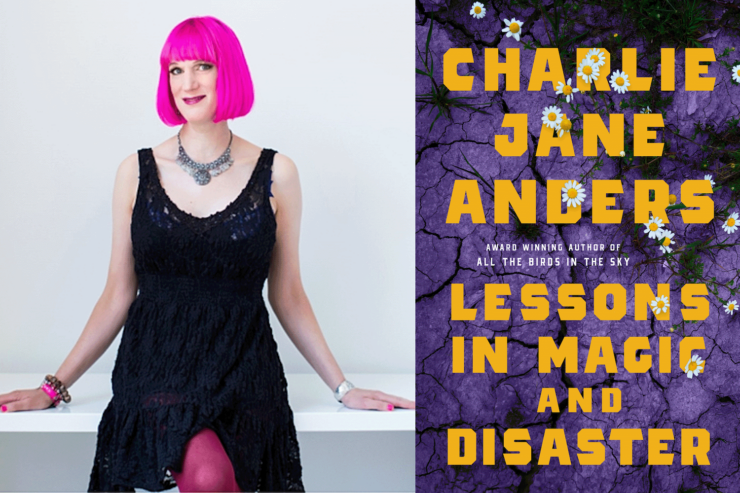 Photo of author Charlie Jane Anders and the cover of her upcoming book, Lessons in Magic and Disaster