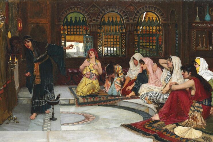 Painting of women gathered in an audience around a priestess