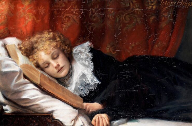 Oil painting of a young girl sleeping with her head resting on an open book