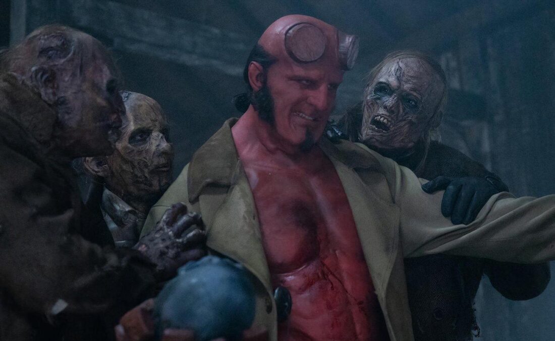 Hellboy (Jack Kesy) is attacked by three zombies in in Hellboy: The Crooked Man