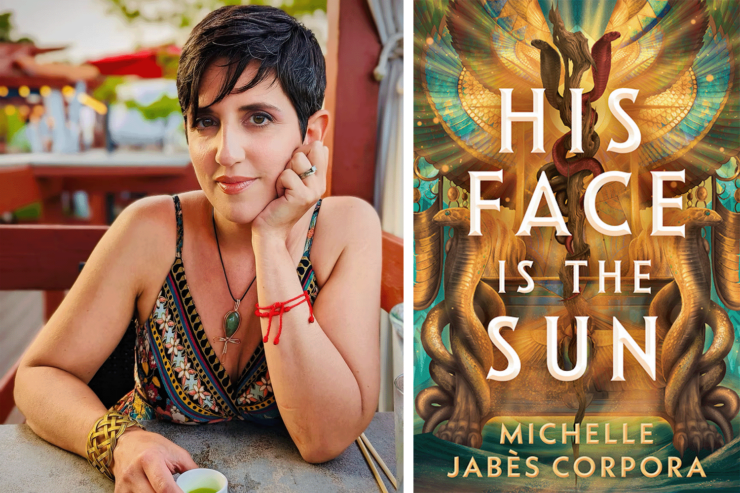 Photo of author Michelle Jabes Corpora and the cover of her upcoming book, His Face Is the Sun