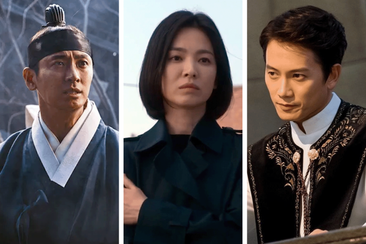 Close-ups of actors from three Korean Dramas: Ju Ji-hoon in Kingdom; Song Hye-kyo in The Glory; Park Jin-young in The Devil Judge