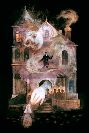 An illustration of a ghostly boy reaching out of a Victorian house towards a crying woman, while the figure of a priest preaches from a balcony.