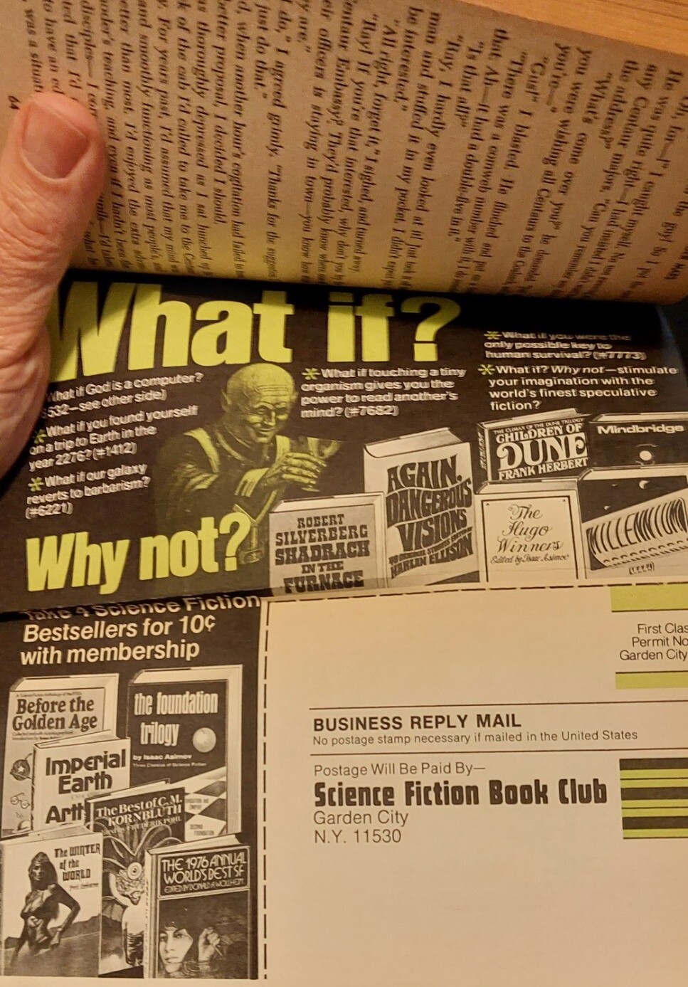 Advertisement insert for the Science Fiction Book Club in a mass market paperback