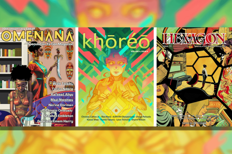 Covers of three short speculative fiction magazines: Omenana, khoreo, and Hexagon