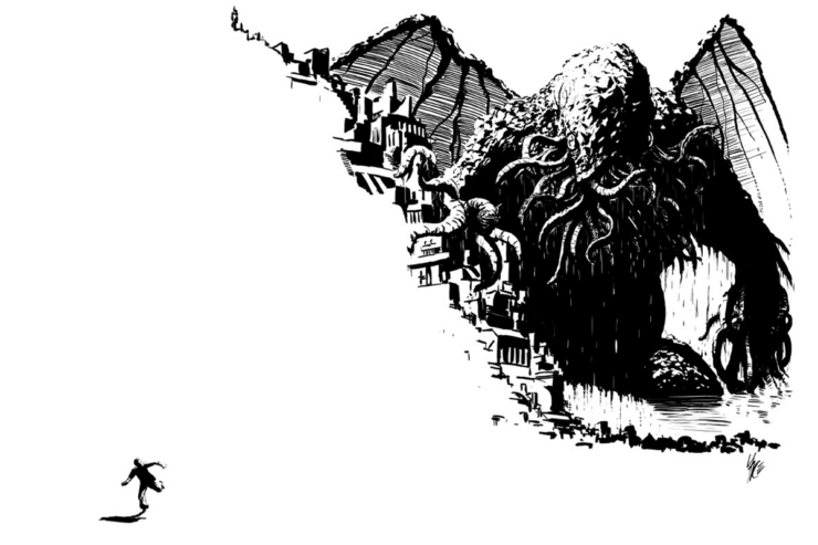 Artwork of a small human figure fleeing a large creature with a tentacled face and bat-like wings, based on H. P. Lovecraft's "The Call of Cthulhu"