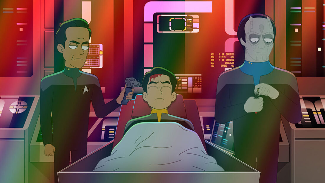 Alternate Universe versions of Julian Bashir, Elim Garek, and Harry Kim in Star Trek: Lower Decks "Fissure Quest"