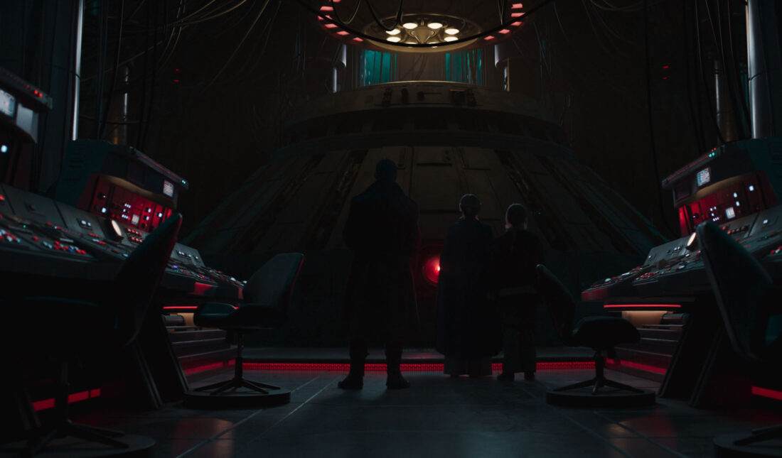 (L-R) Jod (Jude Law), Fara (Kerry Condon) and Fern (Ryan Kiera Armstrong) in the Supervisor's Tower in Star Wars: Skeleton Crew finale "The Real Good Guys"