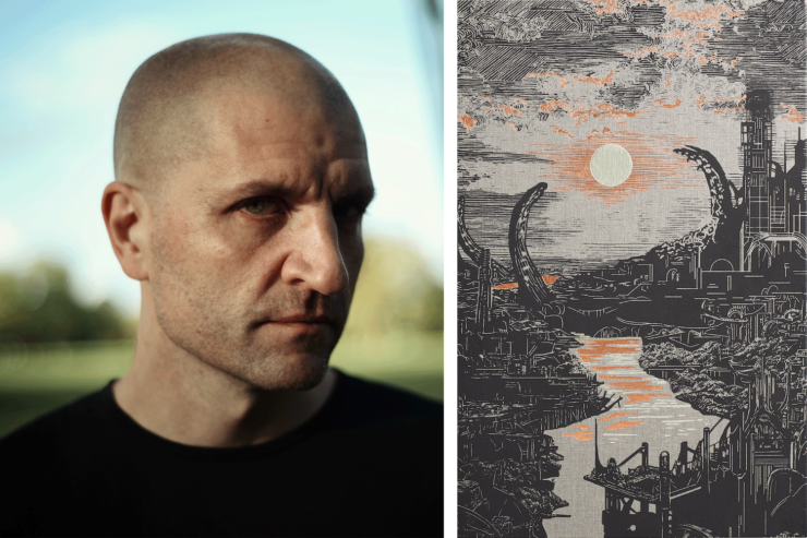 author China Mieville and the cover of a new illustrated edition of Perdido Street Station