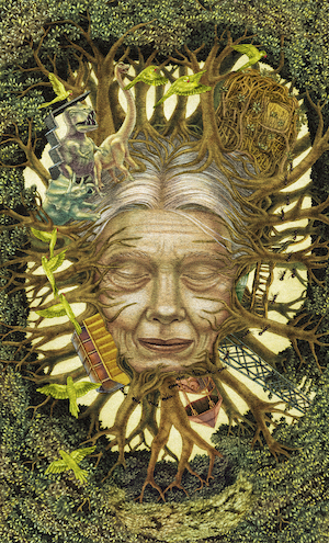 An illustration trees growing from an older woman's face. Her eyes are closed, and hidden in the forest are a trail ants, dinosaurs, some buildings, and a flock of green parrots in flight.