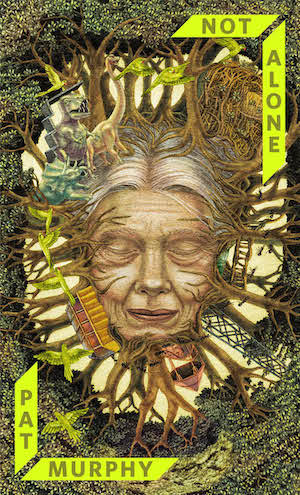 An illustration trees growing from an older woman's face. Her eyes are closed, and hidden in the forest are a trail ants, dinosaurs, some buildings, and a flock of green parrots in flight.