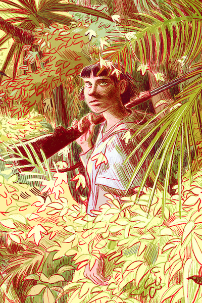 An illustration of a young woman carrying a rifle through a dense forest.