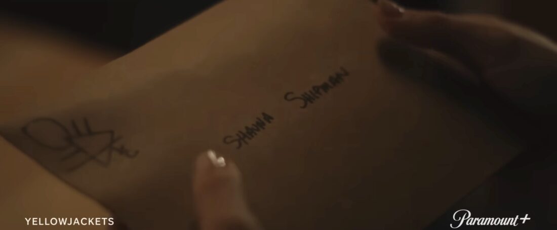 Shawna Shipman's name on a page with symbol in season three opener of Yellowjackets