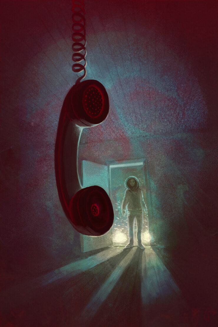 An illustration of a landline phone handset dangling from a coiled cord in the dark, silhouetted by car headlights beaming through an open door where a person stands, casting a long shadow into the room.