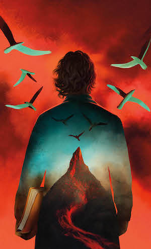 An illustration of a researcher with their back to us, a notebook tucked under their left arm. They are surrounded by red clouds of smoke, while sea birds fly overhead. The researcher's back contains the contrasting image of an erupting volcano against a blue sky.