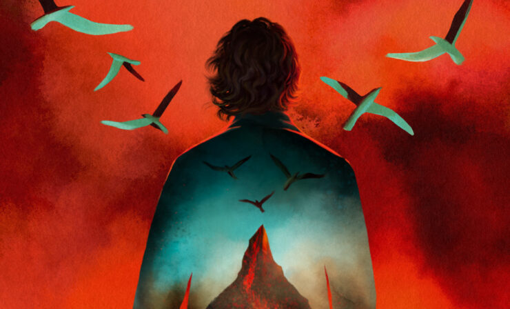 An illustration of a researcher with their back to us, a notebook tucked under their left arm. They are surrounded by red clouds of smoke, while sea birds fly overhead. The researcher's back contains the contrasting image of an erupting volcano against a blue sky.