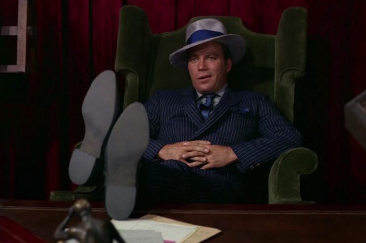 William Shatner as Captain Kirk dressed as a 1920s-style gangster in the Star Trek: The Original Series episode "A Piece of the Action"