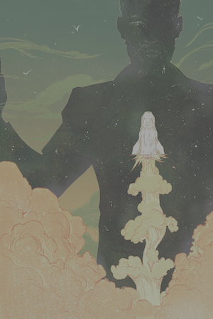 An illustration of a rocket launching up across the silhouette of a man made of the night sky.