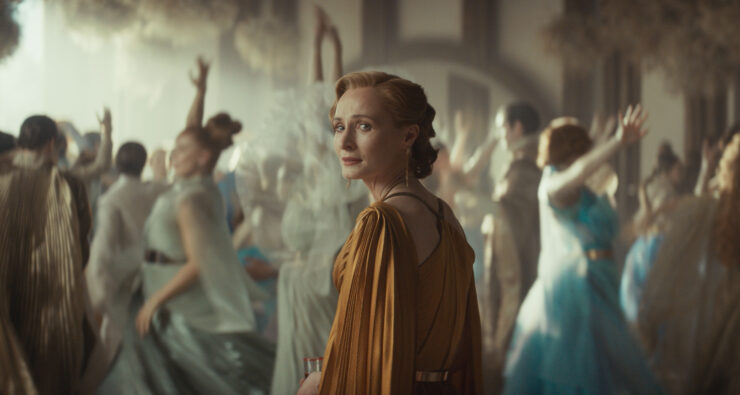 Mon Mothma at a wedding, looking heartbroken in Andor S2 premiere