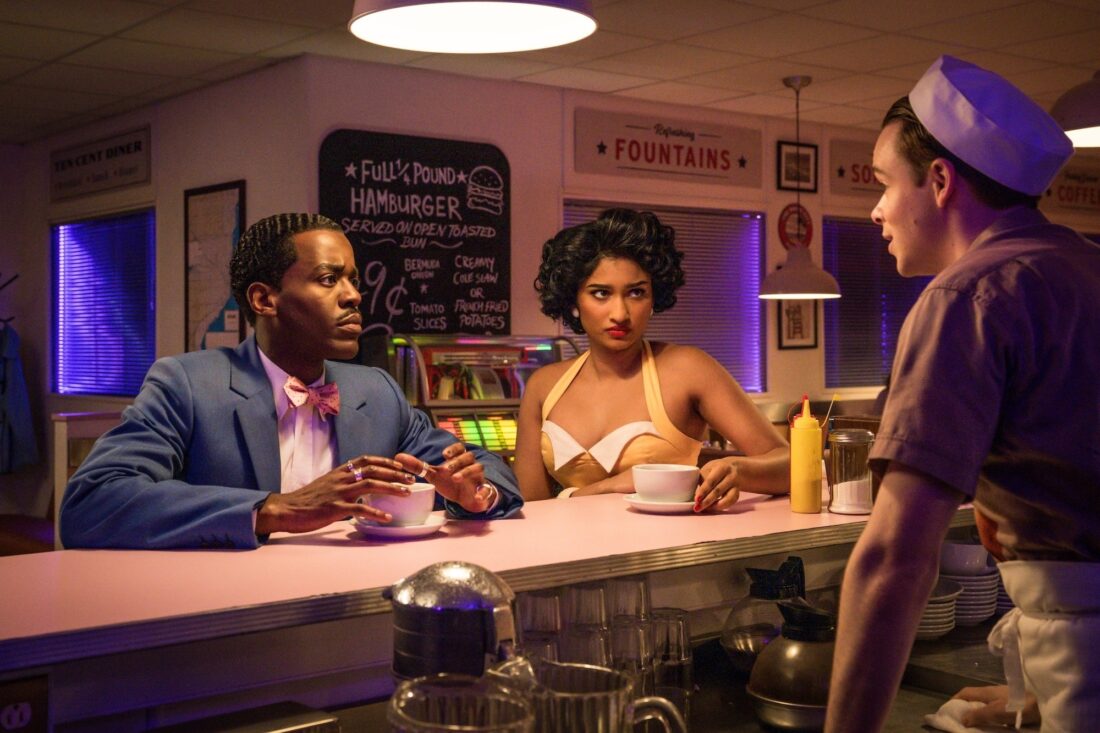 The Doctor and Belinda talking to a server at the local diner in Doctor Who, "Lux"