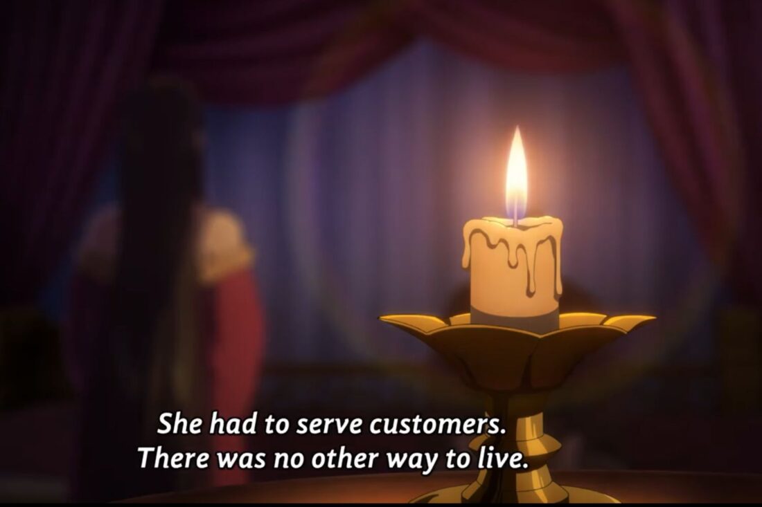 Image from the anime series The Apothecary Diaries. A woman sits in the background; the subtitle reads: "She had to serve customers. There was no other way to live."