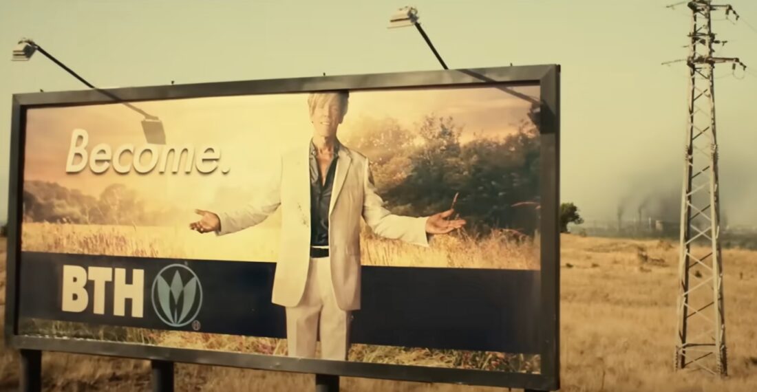 Bob Garbinger (Kevin Bacon) appears on a billboard in Macon Blair's The Toxic Avenger.