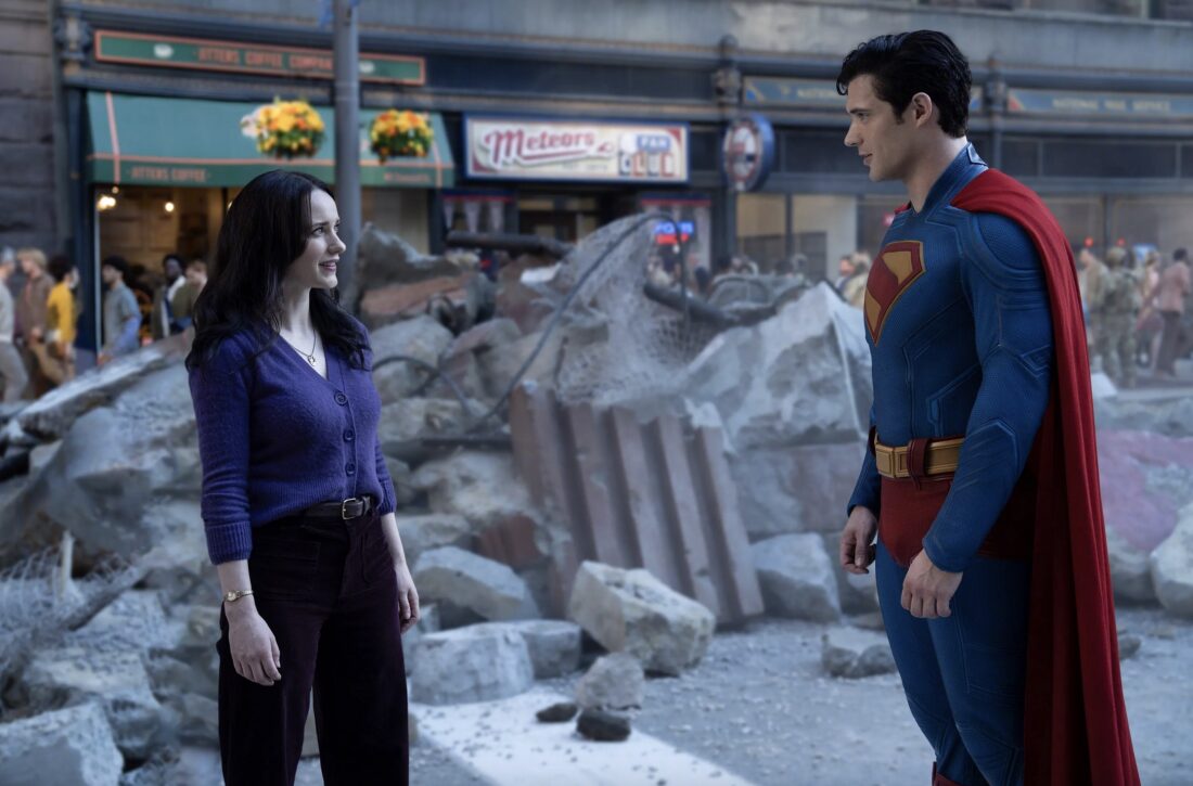 Lois staring a Superman amid wreckage at the end of Superman (2025)
