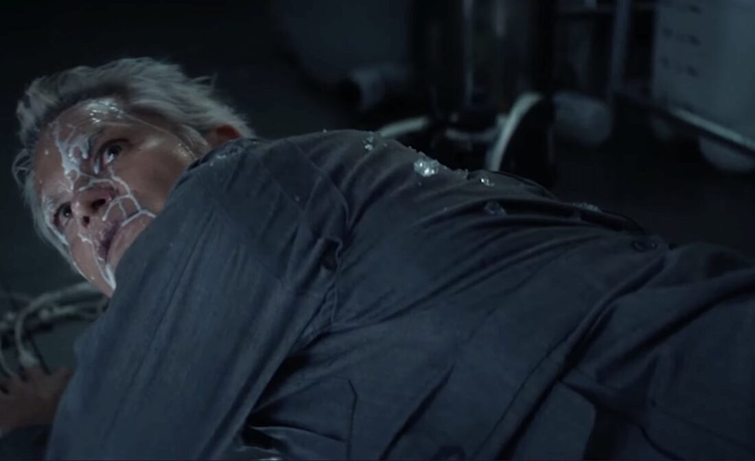 Kirsh (Timothy Olyphant) is injured in a fight and begins leaking the milky white fluid common to synths in Noah Hawley's Alien: Earth.