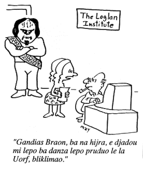 This cartoon by Rex May adorned the cover of Lognet 89/1. English translation: "Professor Brown, someone is here who wants the proof of the Whorf Hypothesis."