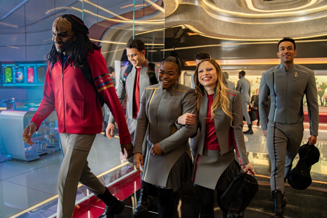 L-R, Karim Diané as Jay-Den Kraag, George Hawkins as Darem Reymi, Kerrice Brooks as Sam, Bella Shepard as Genesis Lythe and Sandro Rosta as Caleb Mir in season 1, episode 5 of Star Trek: Starfleet Academy streaming on Paramount+.