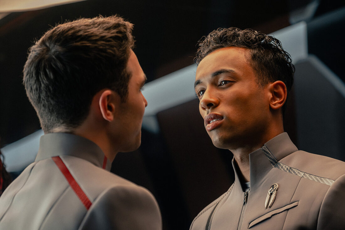 George Hawkins as Reymi and Sandro Rosta as Caleb in Star Trek: Starfleet Academy