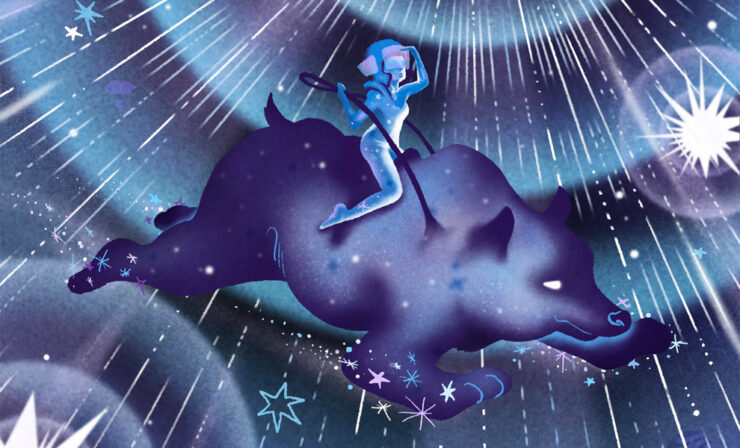 An illustration of a woman in a stylized spacesuit riding a bear-like creature across the night sky beneath a particularly radiant star.