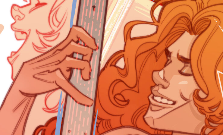 An illustrated featuring a man playing guitar like a rock star.