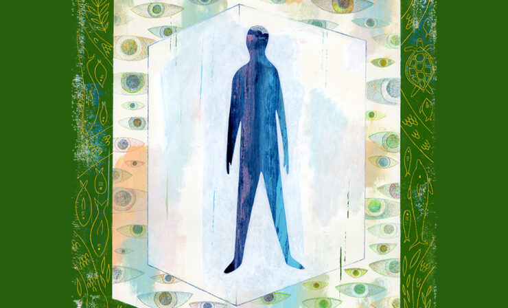 An abstract illustration of a human figure surrounded by a wall of eyes.